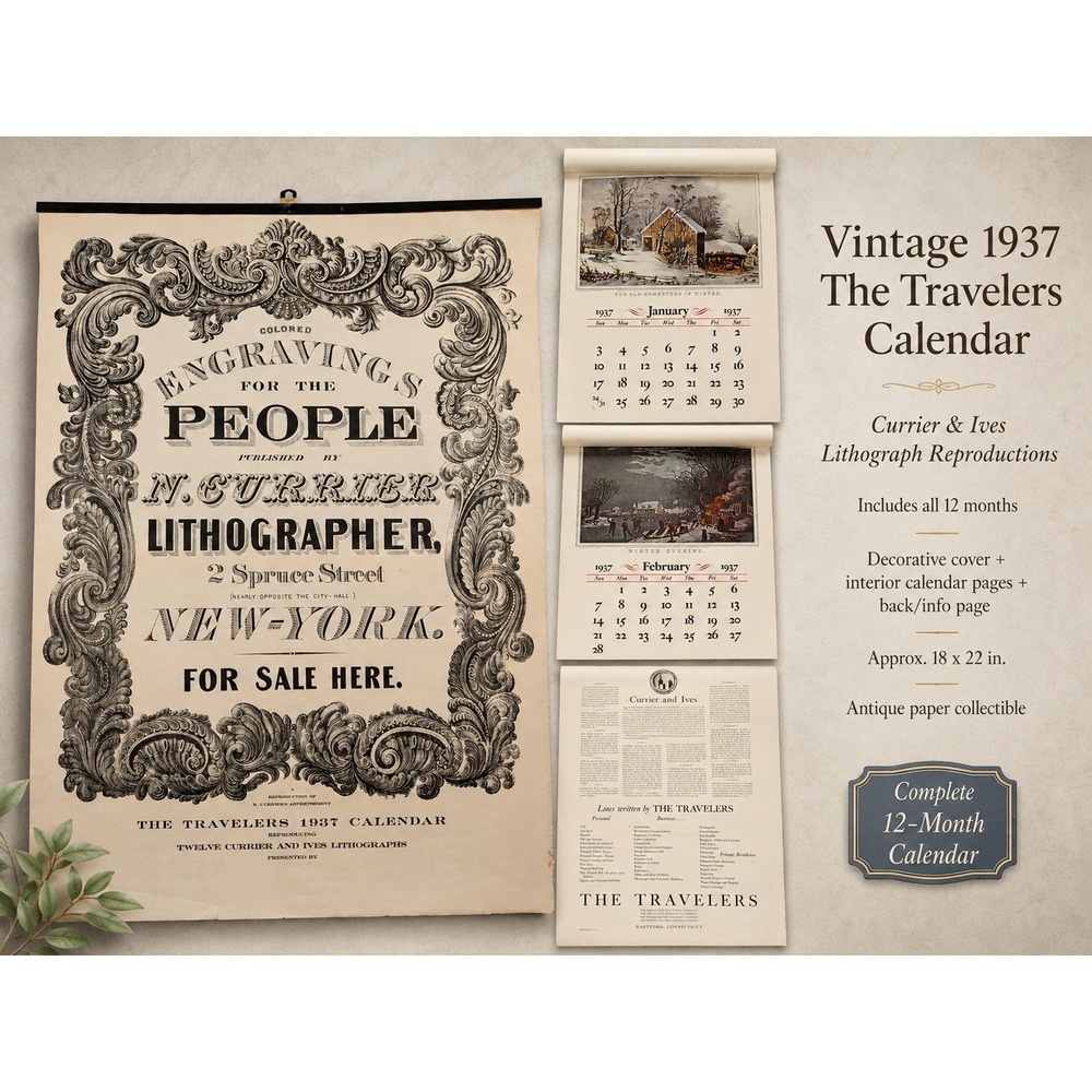 Vintage 1937‎ Travelers Insurance Calendar Currier and Ives Lithographs 16x22